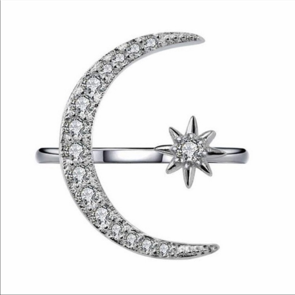 NEW💍SILVER DIAMOND MOON STAR ADJUSTABLE RING, CUTE RING, SHINY RING. - Picture 3 of 4